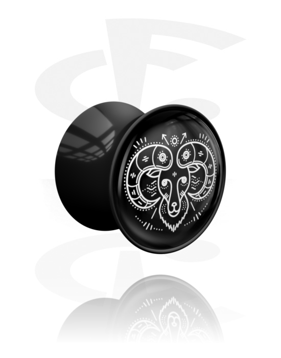 Tunnels & Plugs, Double flared plug (acrylic, black) with motif "Aries", Acrylic
