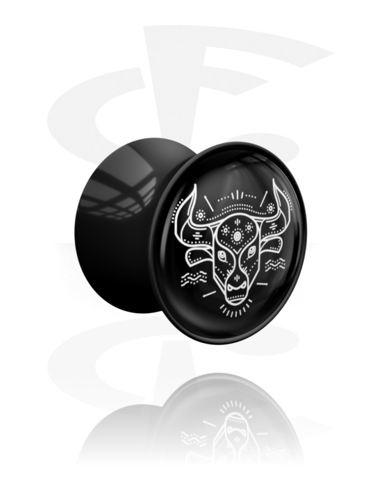 Tunnlar & Pluggar, Double flared plug (acrylic, black) med motif "Taurus", Akryl