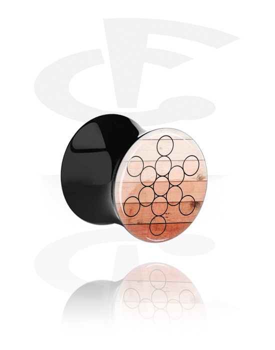 Tunnels & Plugs, Black Double Flared Plug with Colored Geometric Design, Acrylic