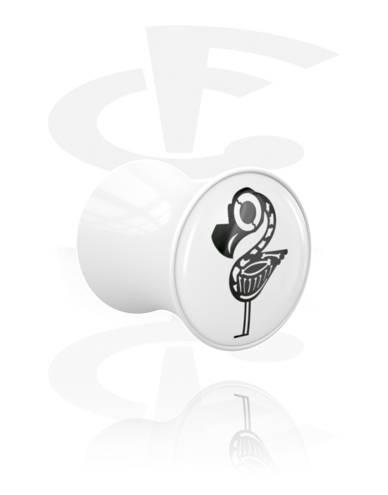 Tunnel & Plugs, Double Flared Plug (Acryl, weiß) mit Flamingo-Design, Acryl