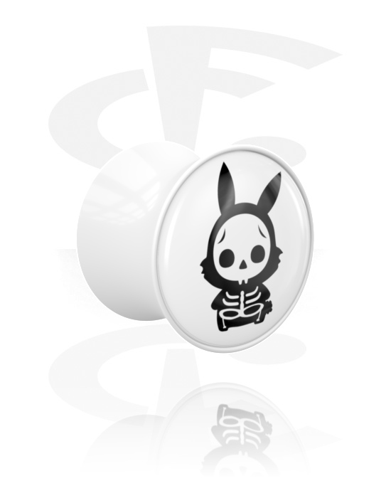 Tunnels & Plugs, Double flared plug (acrylic, white) with motif "cute skeleton bunny", Acrylic