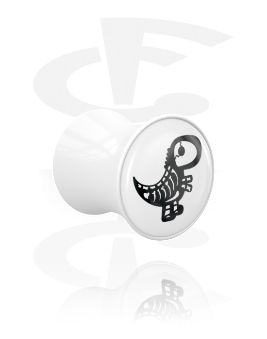 Tunnels & Plugs, Double flared plug (acrylic, white) with motif "cute skeleton dinosaur", Acrylic