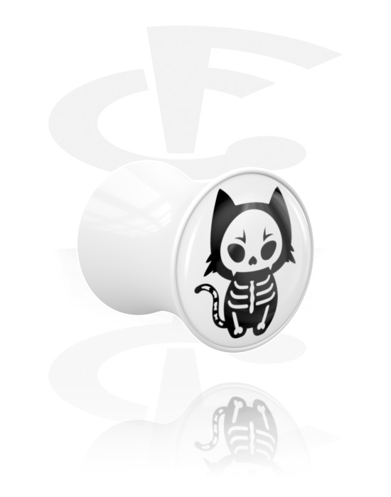 Tunnels & Plugs, Double flared plug (acrylic, white) with motif "cute skeleton cat", Acrylic