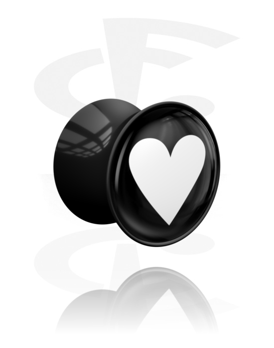 Tunneler & plugger, Dobbeltformet plugg (akryl, svart) med motiv "hjerte", Akryl