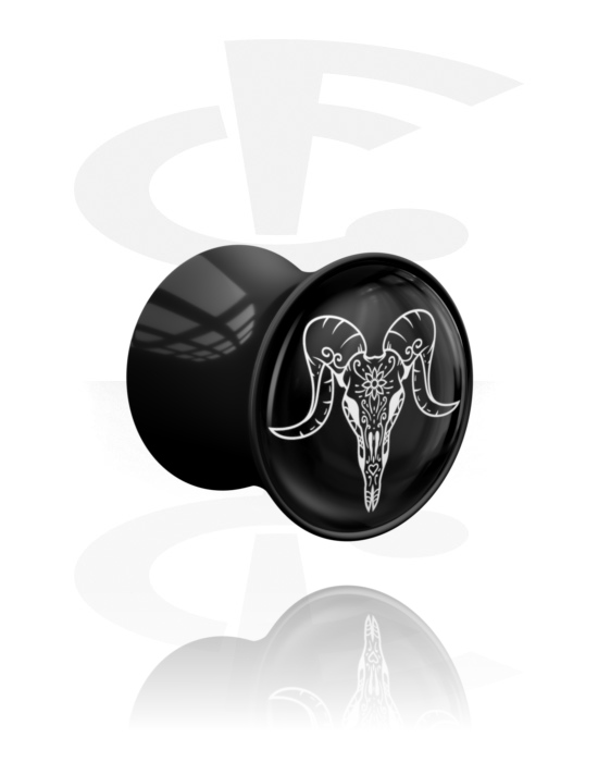 Tunnel & Plug, Double flared plug (acrilico, nero) con design teschio di toro, Acrilico