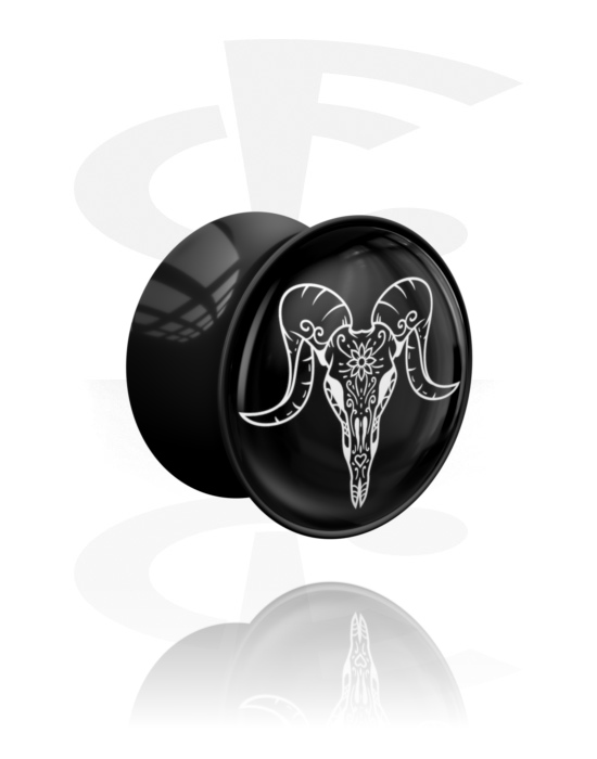 Tunnlar & Pluggar, Double flared plug (acrylic, black) med bull skull design , Akryl