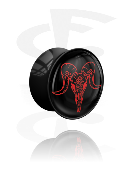Tunnlar & Pluggar, Double flared plug (acrylic, black) med bull skull design , Akryl