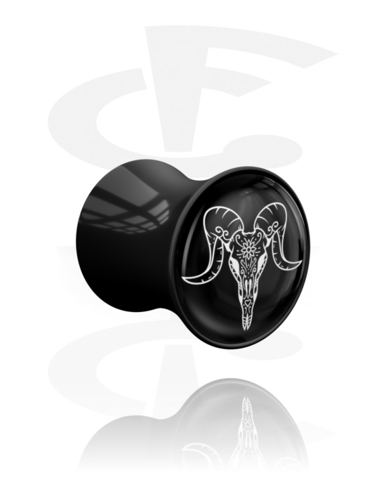 Tunely & plugy, Plug s rozšírenými koncami (akryl, čierna) s dizajnom býčia lebka, Akryl