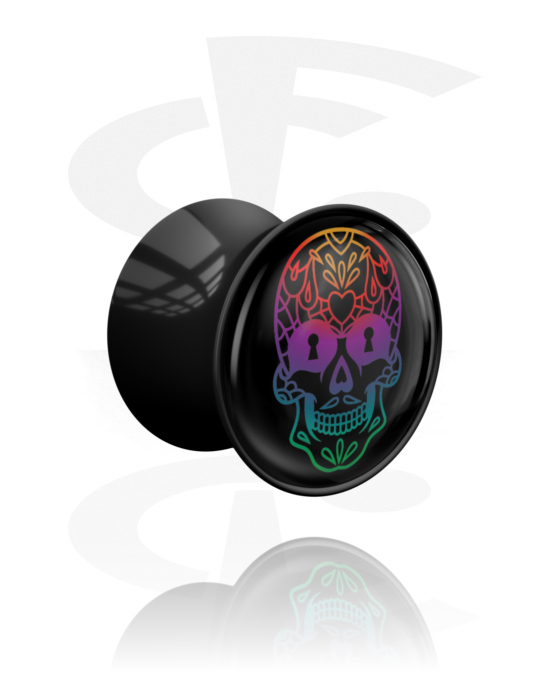 Tunnels & Plugs, Double flared plug (acrylic, black) with colorful sugar skull "Dia de Los Muertos" design , Acrylic