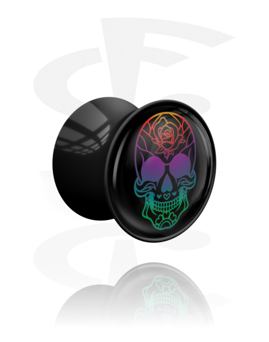 Alagutak és dugók, Double flared plug (acrylic, black) val vel sugar skull "Dia de Los Muertos" design in various colours, Akril