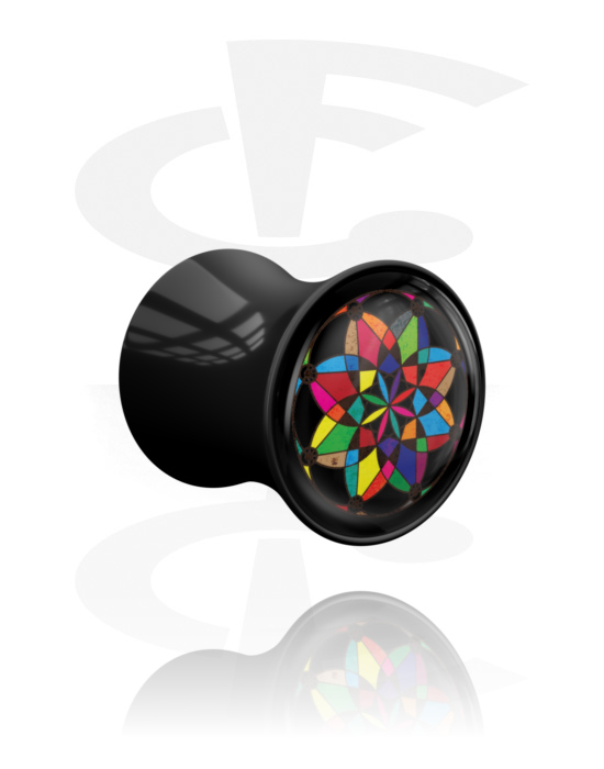 Tunneler & plugger, Dobbeltformet plugg (akryl, svart) med kaleidoskopdesign, Akryl
