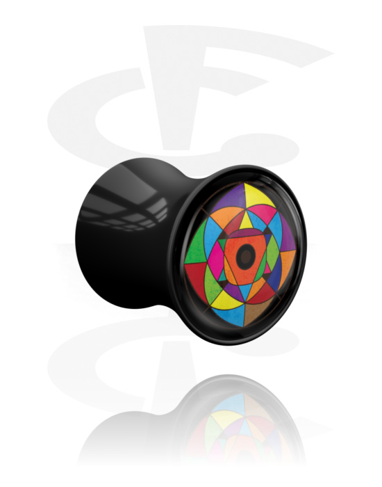 Tunnels & Plugs, Plug double flared (acrylique, noir) avec motif kaléidoscope, Acrylique
