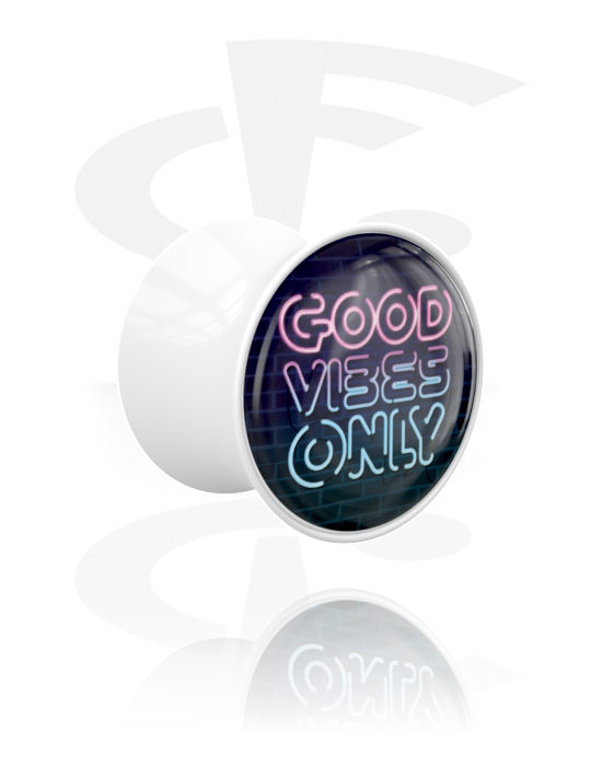 Tunnels & Plugs, Double flared plug (acryl, wit) met opdruk ‘good vibes only’, Acryl