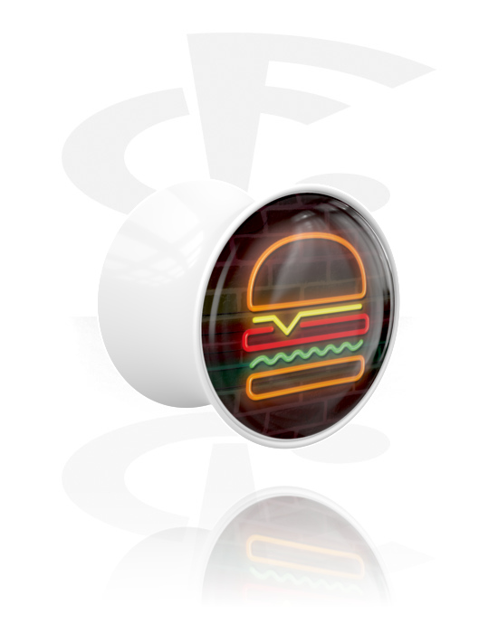 Tunely & plugy, Plug s rozšířenými konci (akryl, bílá) s neonovým designem „burger“, Akryl