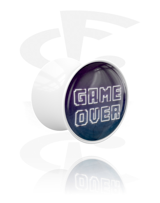 Tunnels & Plugs, Double flared plug (acrylic, white) with "Game over" lettering, Acrylic