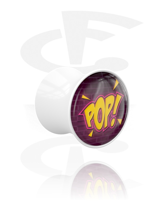 Tunnels & Plugs, Double flared plug (acrylic, white) with "Pop!" lettering, Acrylic