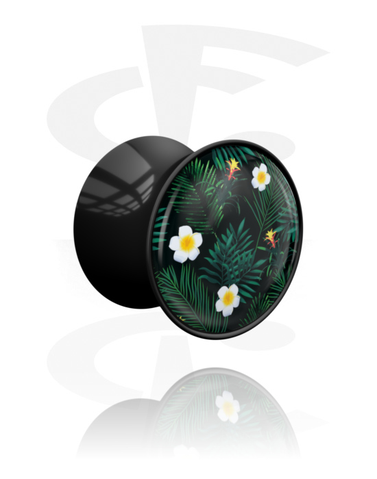 Tunely & plugy, Plug s rozšírenými koncami (akryl, čierna) s dizajnom kvetina, Akryl
