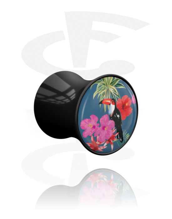 Tuneli & čepovi, Dvostruki prošireni čepić (akril, crni) s cvjetnim dizajnom, Akril