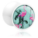 Double flared plug (acrylic, white) with flamingo design