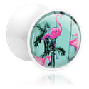 Double-flared plug (akryl, hvid) med Flamingo-motiv