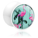 Double Flared Plug (Acryl, weiß) mit Flamingo-Design