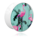 Double flared plug (acrylic, white) with flamingo design