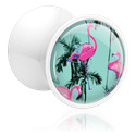 Double flared plug (acryl, wit) met flamingo-motief