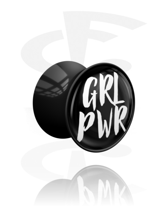 Tunnels & Plugs, Double flared plug (acrylic, black) with "GRL PWR" lettering, Acrylic