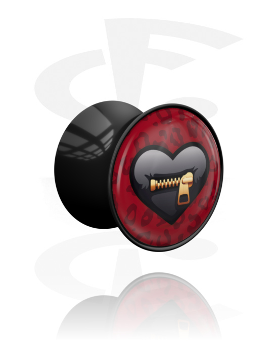 Tunnels & Plugs, Double flared plug (acrylic, black) with heart design, Acrylic
