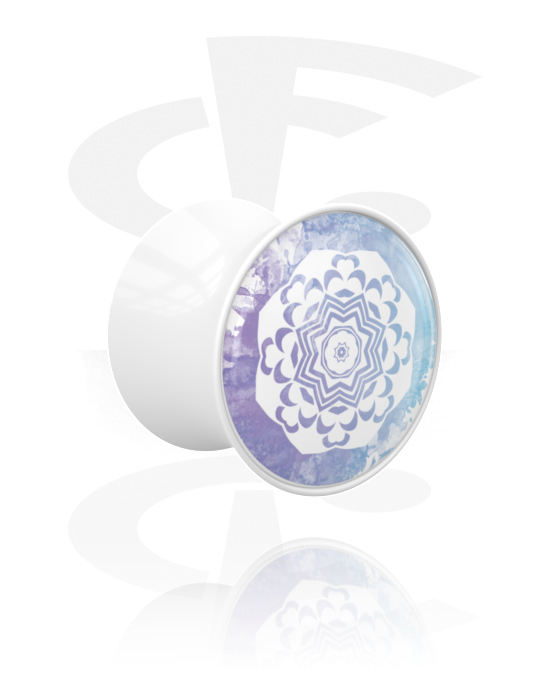 Tunnlar & Pluggar, Double flared plug (acrylic, white) med Mandala-design, Akryl