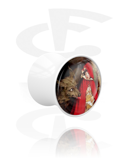 Tunnels & Plugs, Double flared plug (acrylic, white) with motif "Little Red Riding Hood", Acrylic
