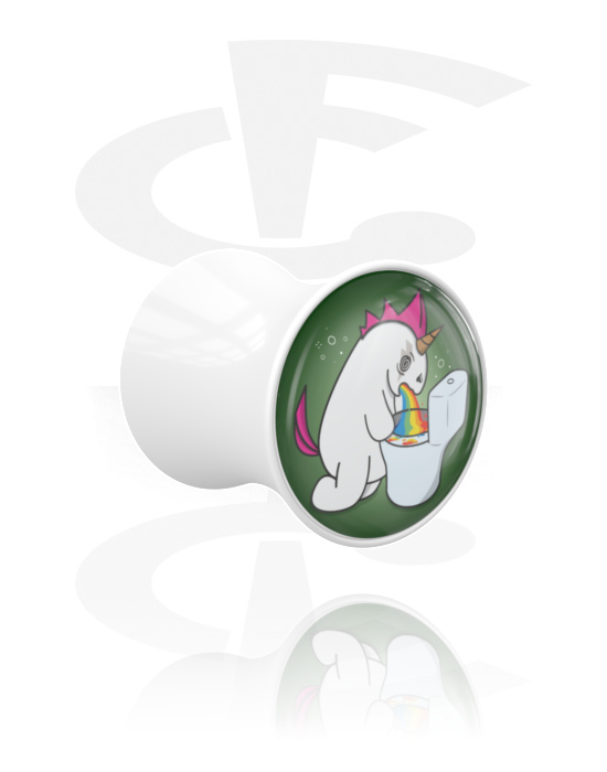 Tunnlar & Pluggar, Double flared plug (acrylic, white) med motif "puking unicorn", Akryl