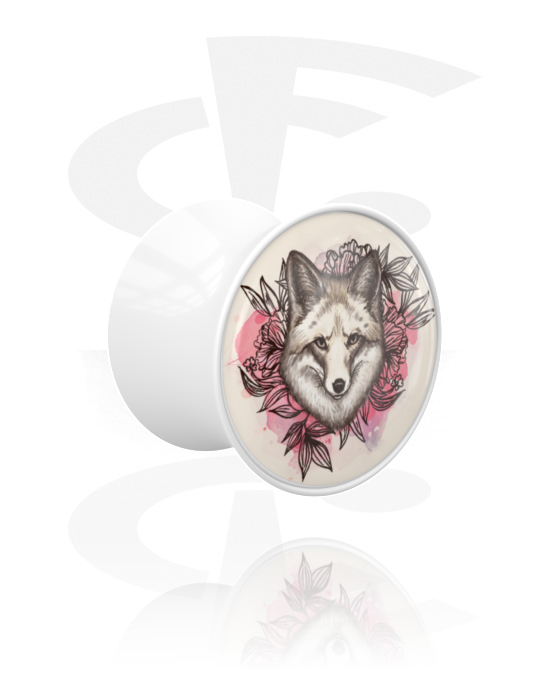 Tunnels & Plugs, Double flared plug (acrylic, white) with motif "wolf and roses", Acrylic