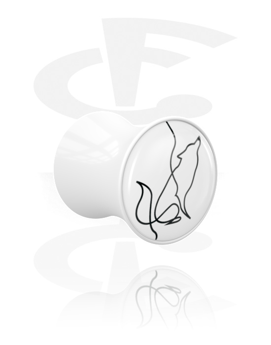 Tunnlar & Pluggar, Double flared plug (acrylic, white) med motif "one line design wolf", Akryl