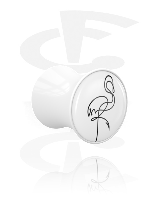 Tunnels & Plugs, Double flared plug (acrylic, white) with flamingo design, Acrylic