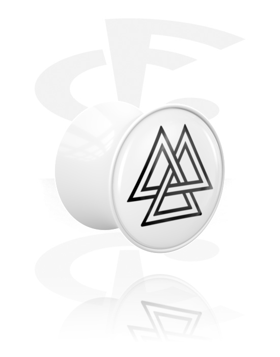 Tunnels & Plugs, Double flared plug (acrylic, white) with triangle motif, Acrylic