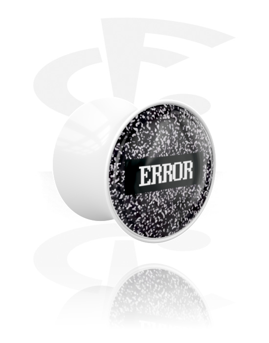Tunnels & Plugs, Double flared plug (acrylic, white) with "Error" lettering, Acrylic