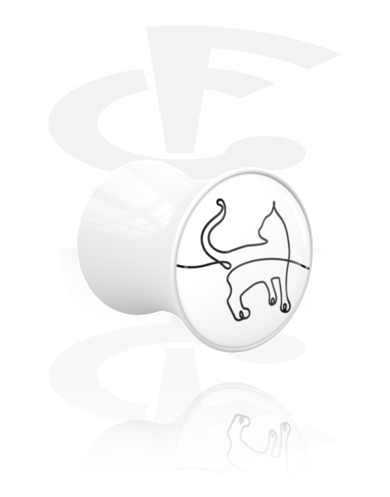 Tunely & plugy, Plug s rozšířenými konci (akryl, bílá) s motivem „kočka jednou čarou“, Akryl