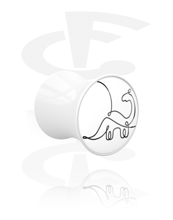 Tunnels & Plugs, Double flared plug (acrylic, white) with motif "one line design dinosaur", Acrylic