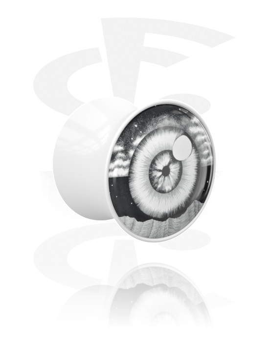 Tunely & plugy, Plug s rozšířenými konci (akryl, bílá) s designem oko, Akryl