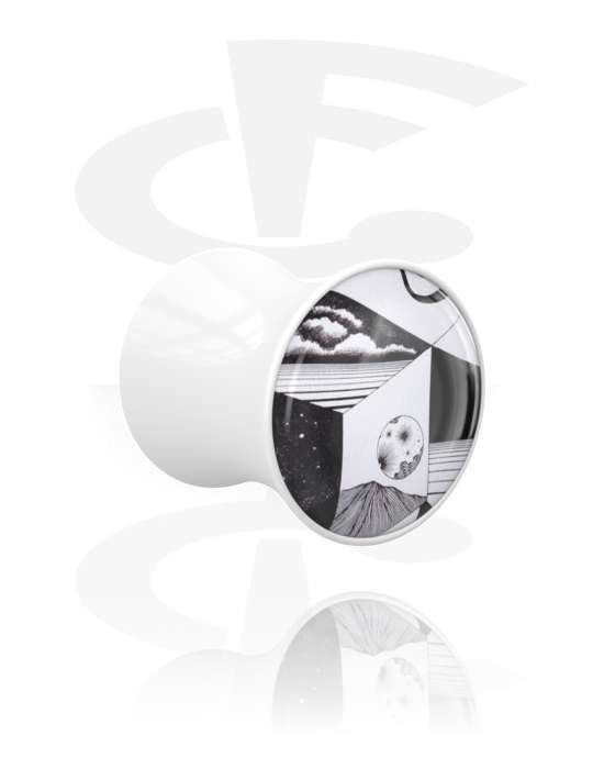 Tunnel & Plug, Double flared plug (acrilico bianco) con design bianco e nero, Acrilico