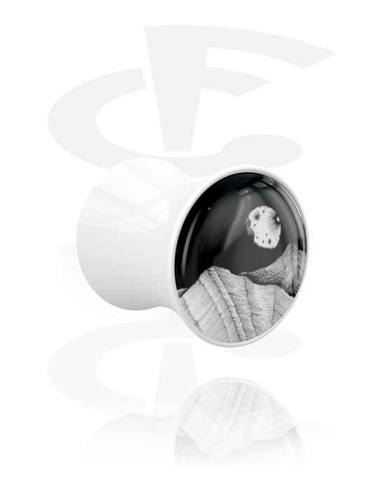 Tunely & plugy, Plug s rozšířenými konci (akryl, bílá) s černobílým designem, Akryl