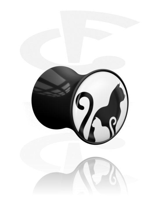 Tunely & plugy, Plug s rozšířenými konci (akryl, černá) s designem kočka, Akryl
