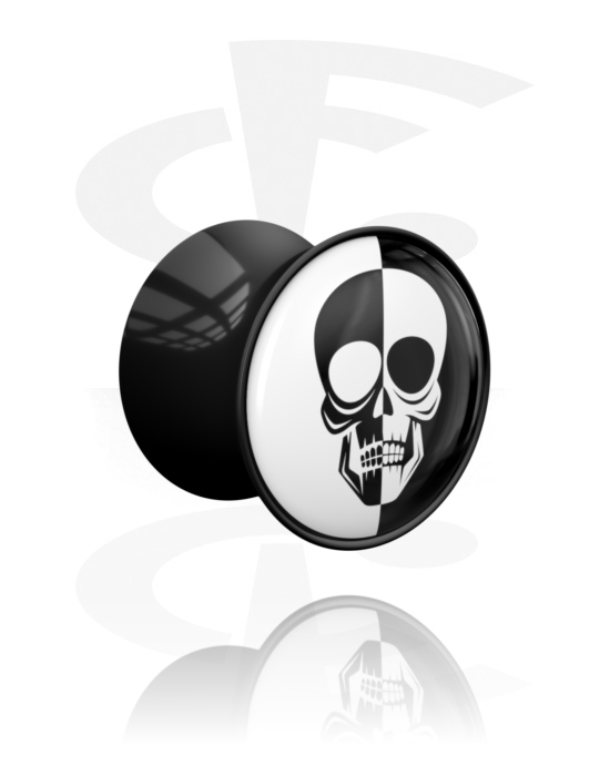 Tunneler & plugger, Dobbeltformet plugg (akryl, svart) med hodeskalledesign, Akryl