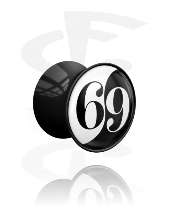 Tunely & plugy, Plug s rozšířenými konci (akryl, černá) s motivem „69“, Akryl