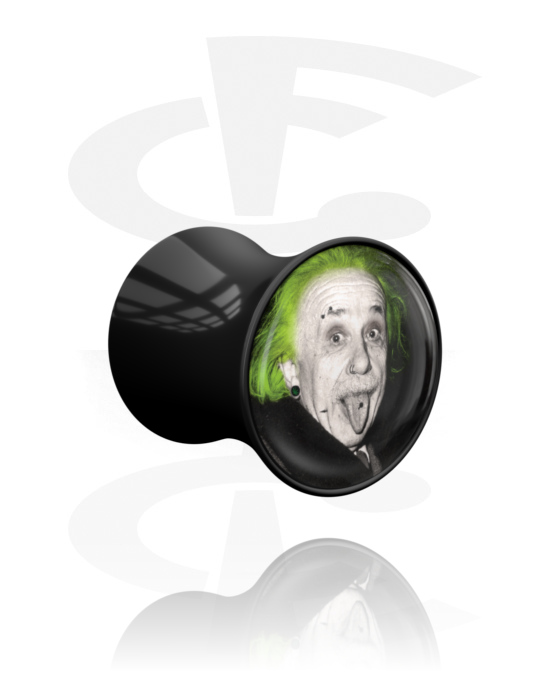 Tunely & plugy, Plug s rozšírenými koncami (akryl, čierna) s Einsteinom s piercingom, Akryl