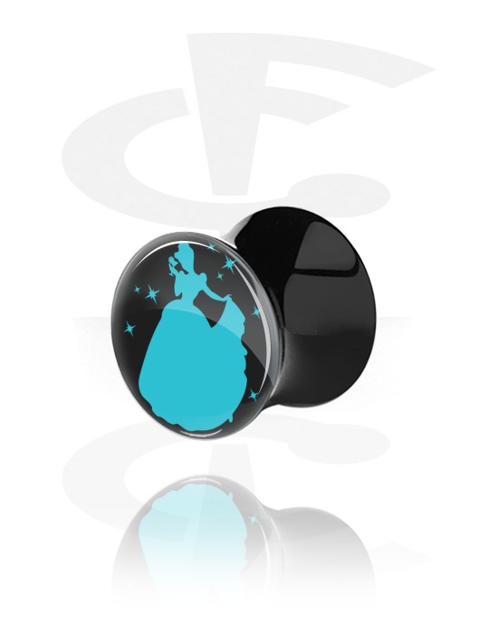 Tunnels & Plugs, Black Double Flared Plug with Party Princess "Ginderella", Acrylic
