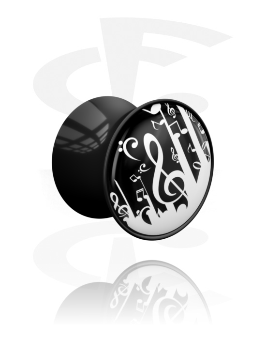 Tunely & plugy, Plug s rozšírenými koncami (akryl, čierna) s Motív hudobný kľúč, Akryl