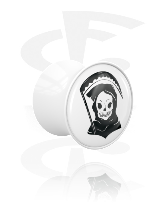 Tunnels & Plugs, Double flared plug (acrylic, white) with motif "the Grim Reaper", Acrylic