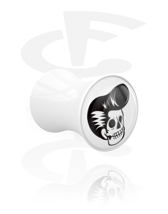 Tunnlar & Pluggar, Double flared plug (acrylic, white) med motif "skull", Akryl